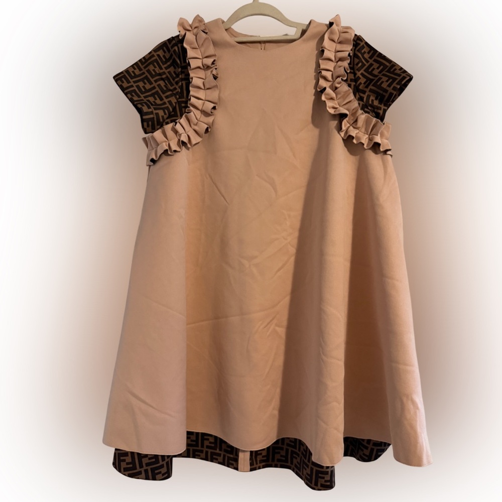 Fendi Kids' Girls Pink Brown FF Logo Ruffle Sleeve Cotton Designer Dress 12 Yrs